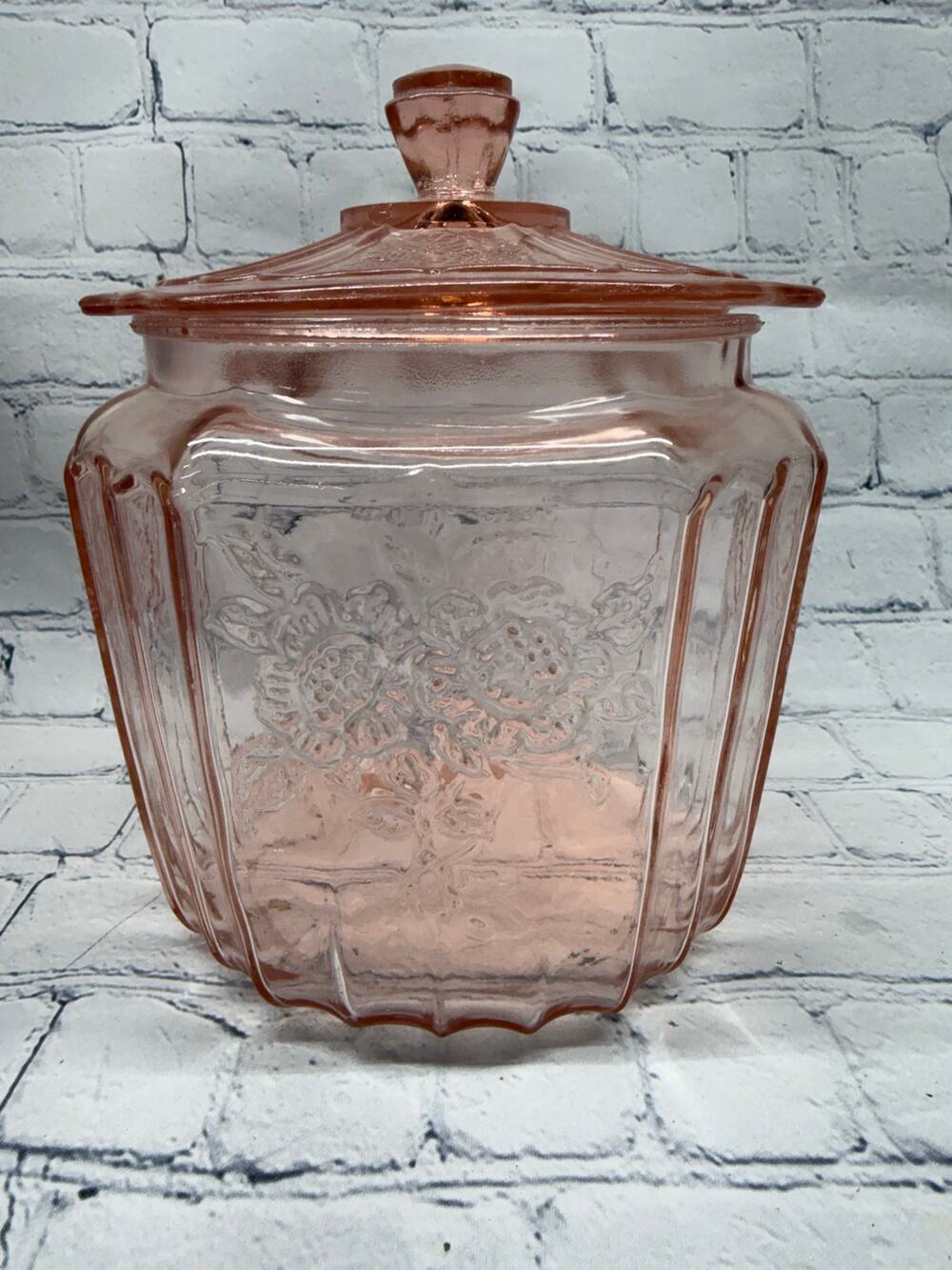 Vintage Anchor Hocking Mayfair Pink Depression Open Rose Cookie Jar